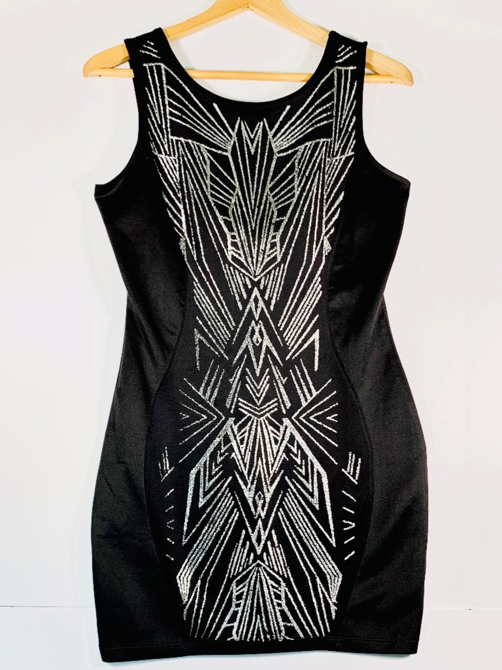 Body Central Little Black Mini Dress Art Deco sleeveless Silver Beaded Bodycon